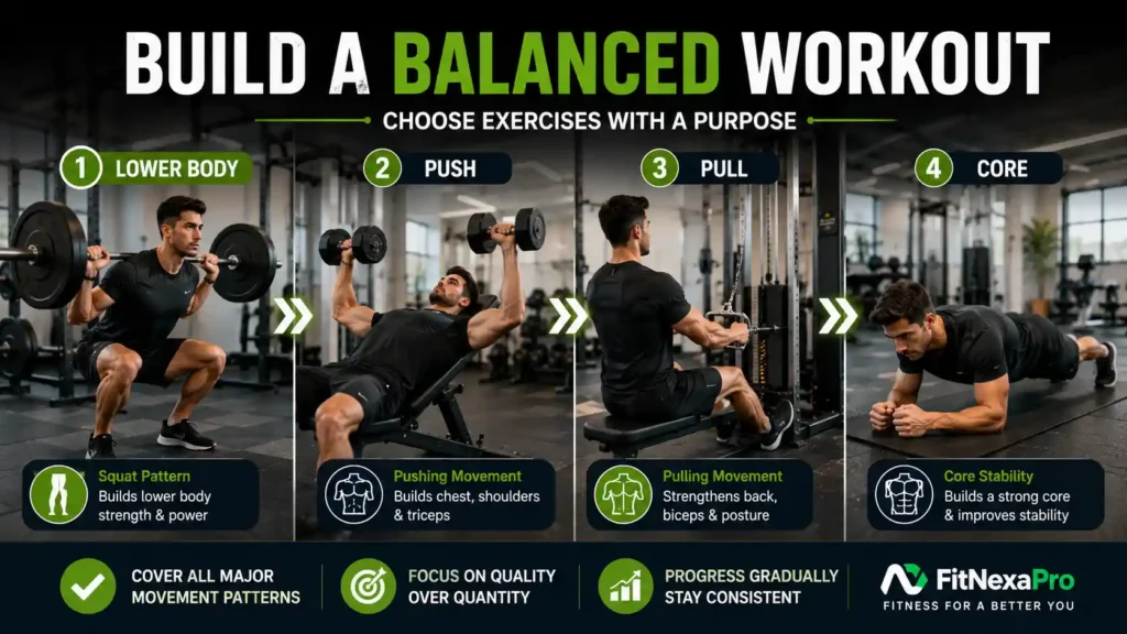 Balanced full body workout exercise selection for beginners