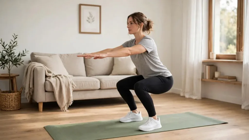 Beginner performing a bodyweight exercise at home