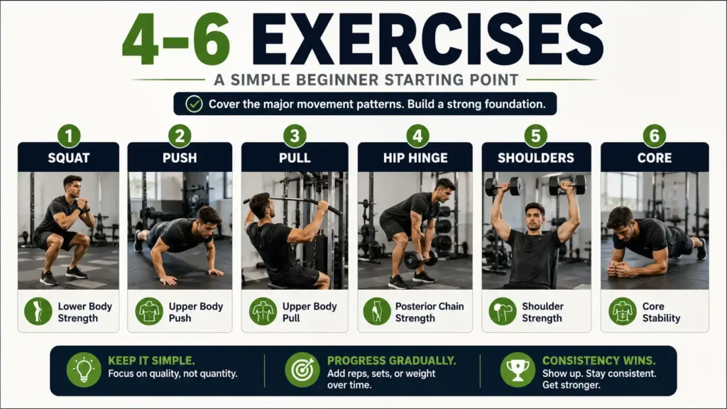 4 to 6 exercises per workout for beginners