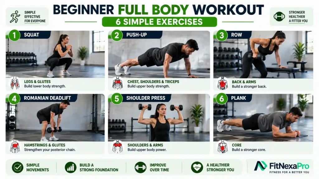 Beginner full body workout exercises including squats push-ups rows and planks