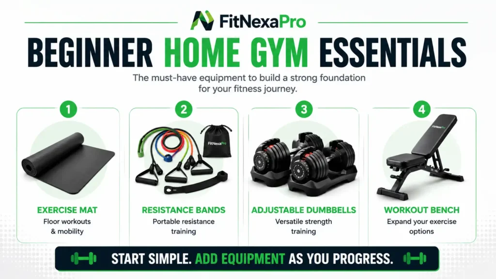Best home gym equipment for beginners including dumbbells resistance bands and exercise mat