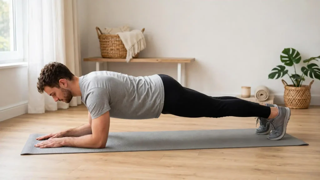 Beginner performing a plank exercise at home