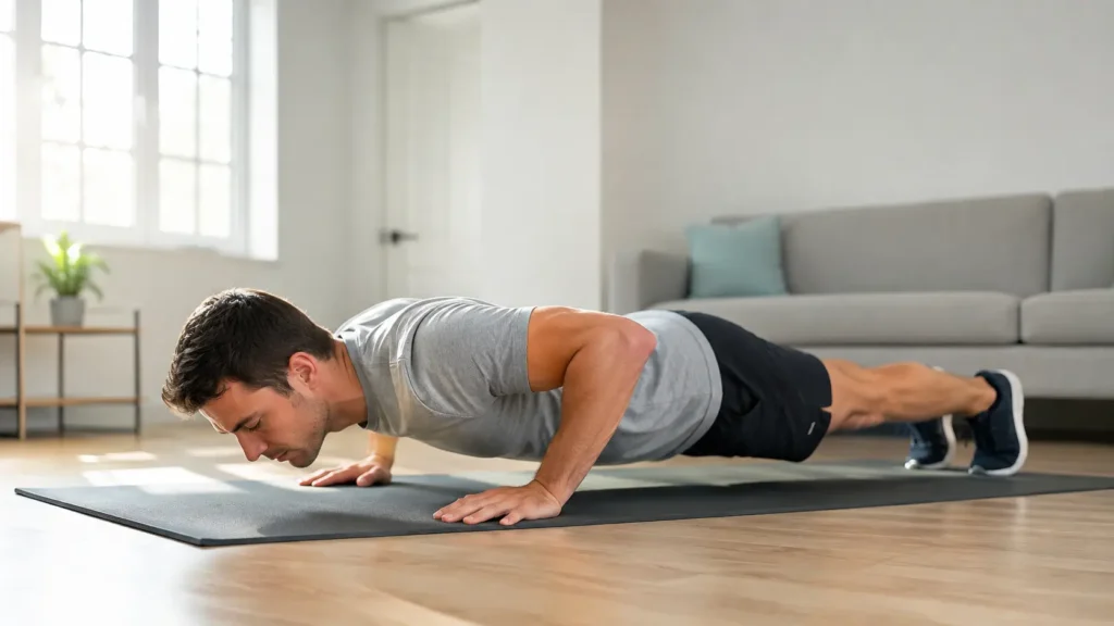 Beginner performing a push up during a home workout