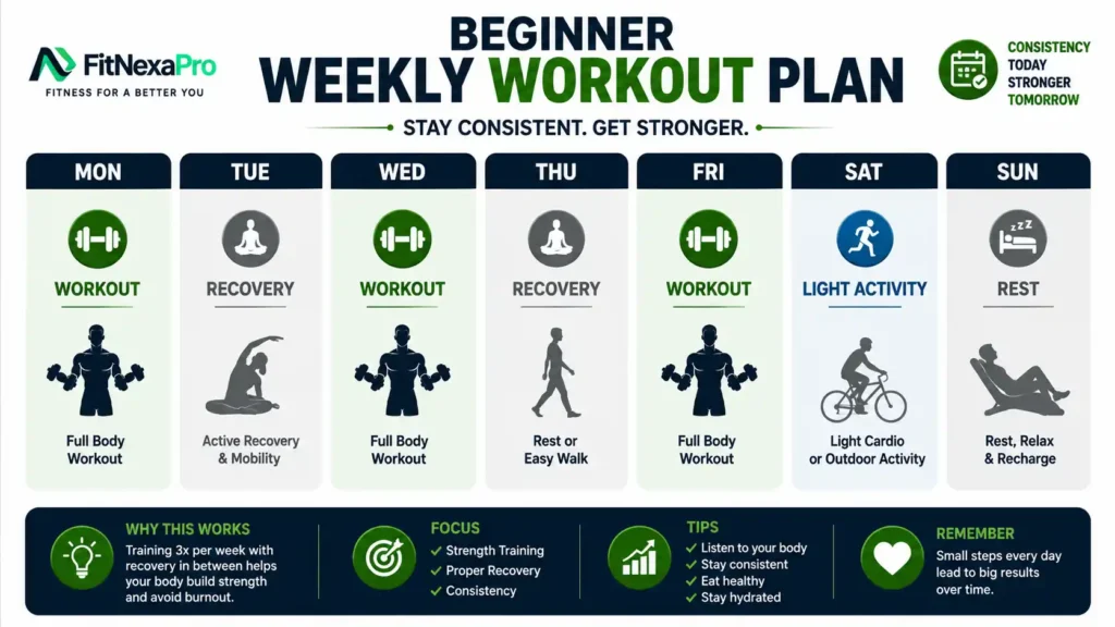 Beginner weekly full body workout schedule with workout and recovery days
