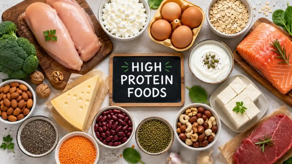High-protein foods including chicken, eggs, fish, yogurt, lentils and tofu