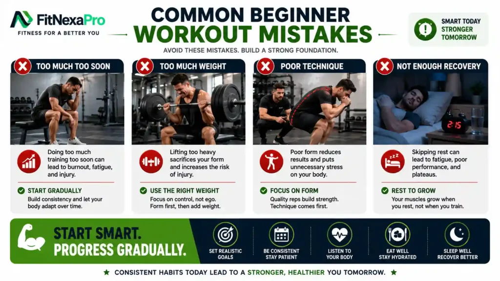 Common beginner workout mistakes including too much weight and poor recovery