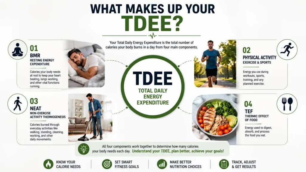 Components of TDEE including BMR activity NEAT and thermic effect of food
