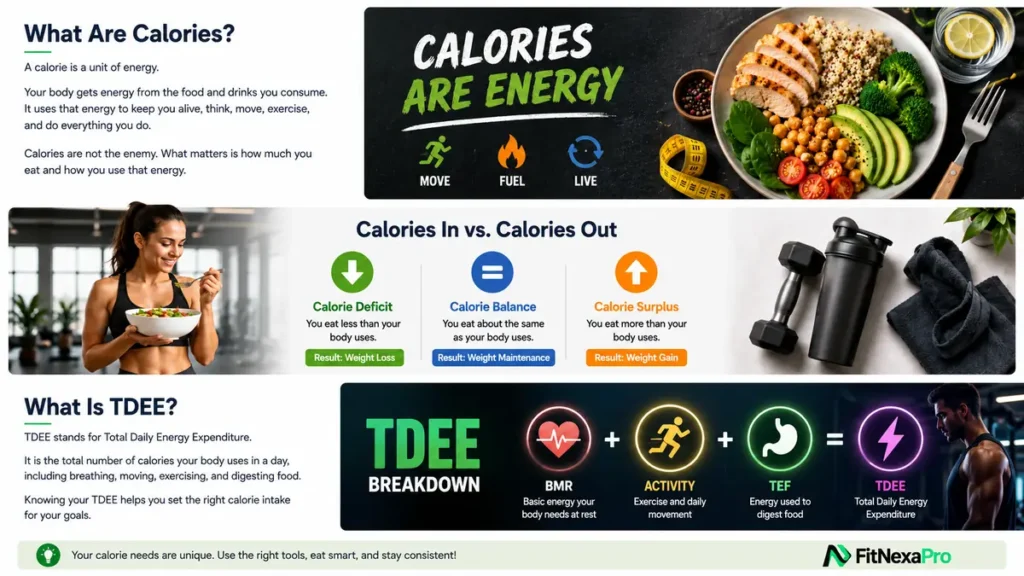Calories and TDEE infographic explaining calorie balance and daily energy expenditure