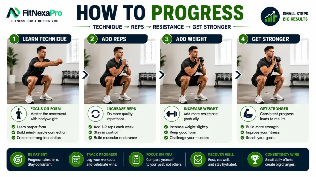 How beginners can progress their workouts by improving technique adding reps and resistance