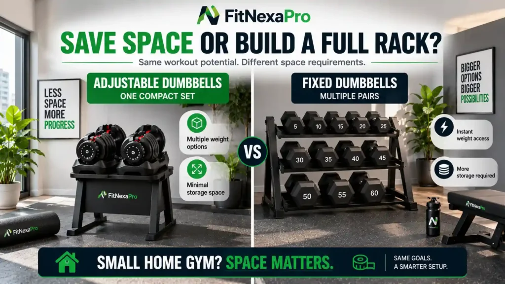 Adjustable dumbbells save space compared with a rack of fixed dumbbells