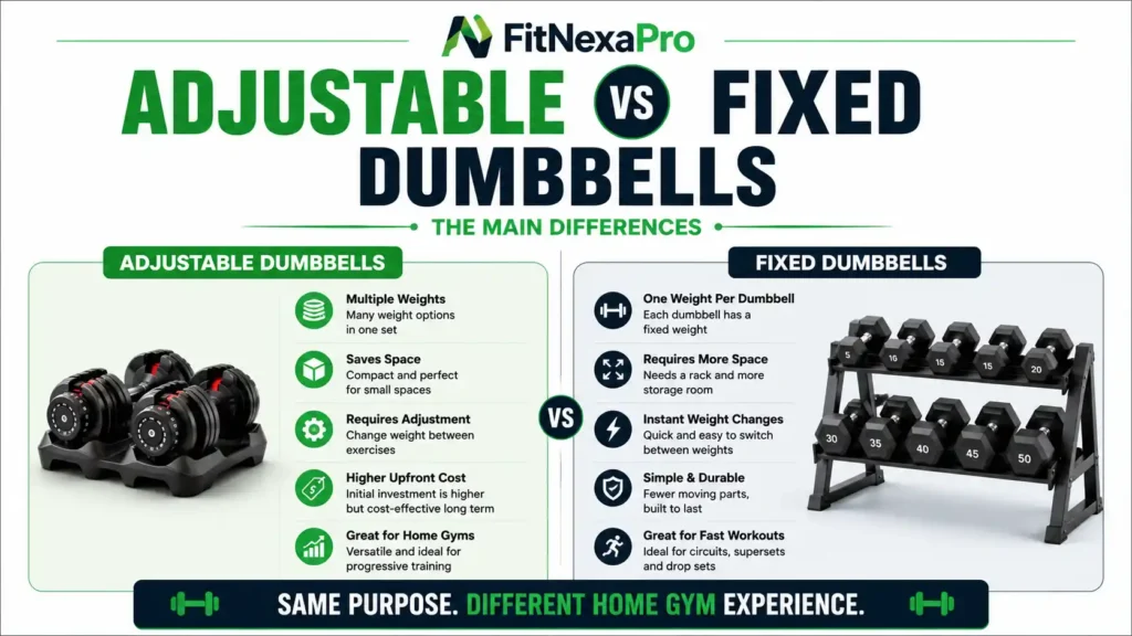Comparison of adjustable and fixed dumbbells showing their main differences