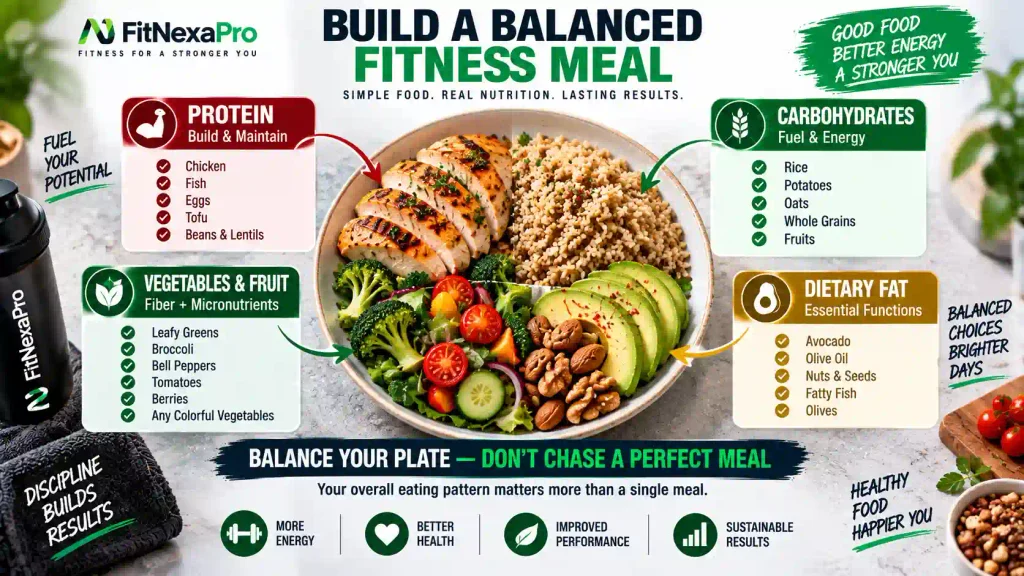 Balanced fitness meal with protein carbohydrates fats and vegetables