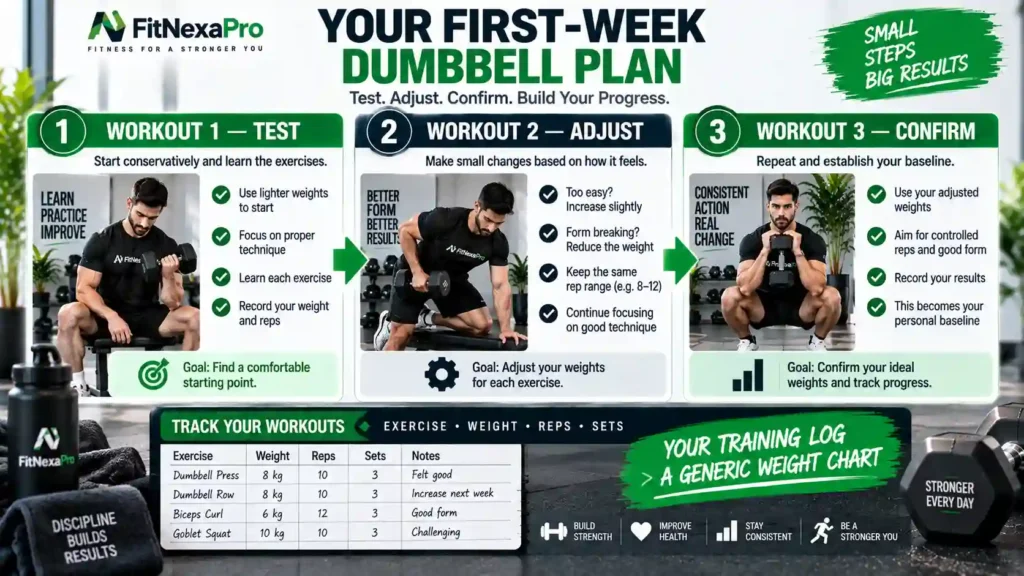 First week dumbbell weight testing plan for beginners