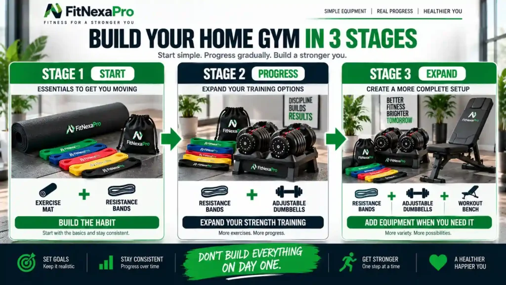 Three-stage beginner home gym setup with bands dumbbells and workout bench