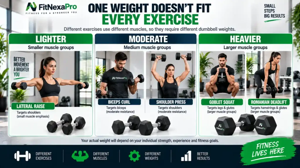 Different dumbbell weights for different beginner exercises