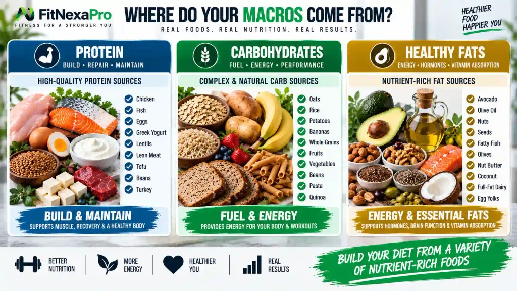 Protein carbohydrate and healthy fat food sources